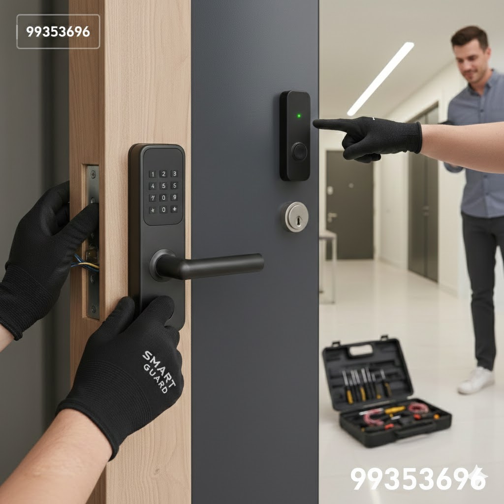 فني اقفال ذكية يقوم ببرمجة قفل باب إلكتروني سمارت جارد